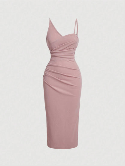 Fashzeo Pink asymmetrical pleated bodycon midi dress with ruched detail and thin straps for women party wear