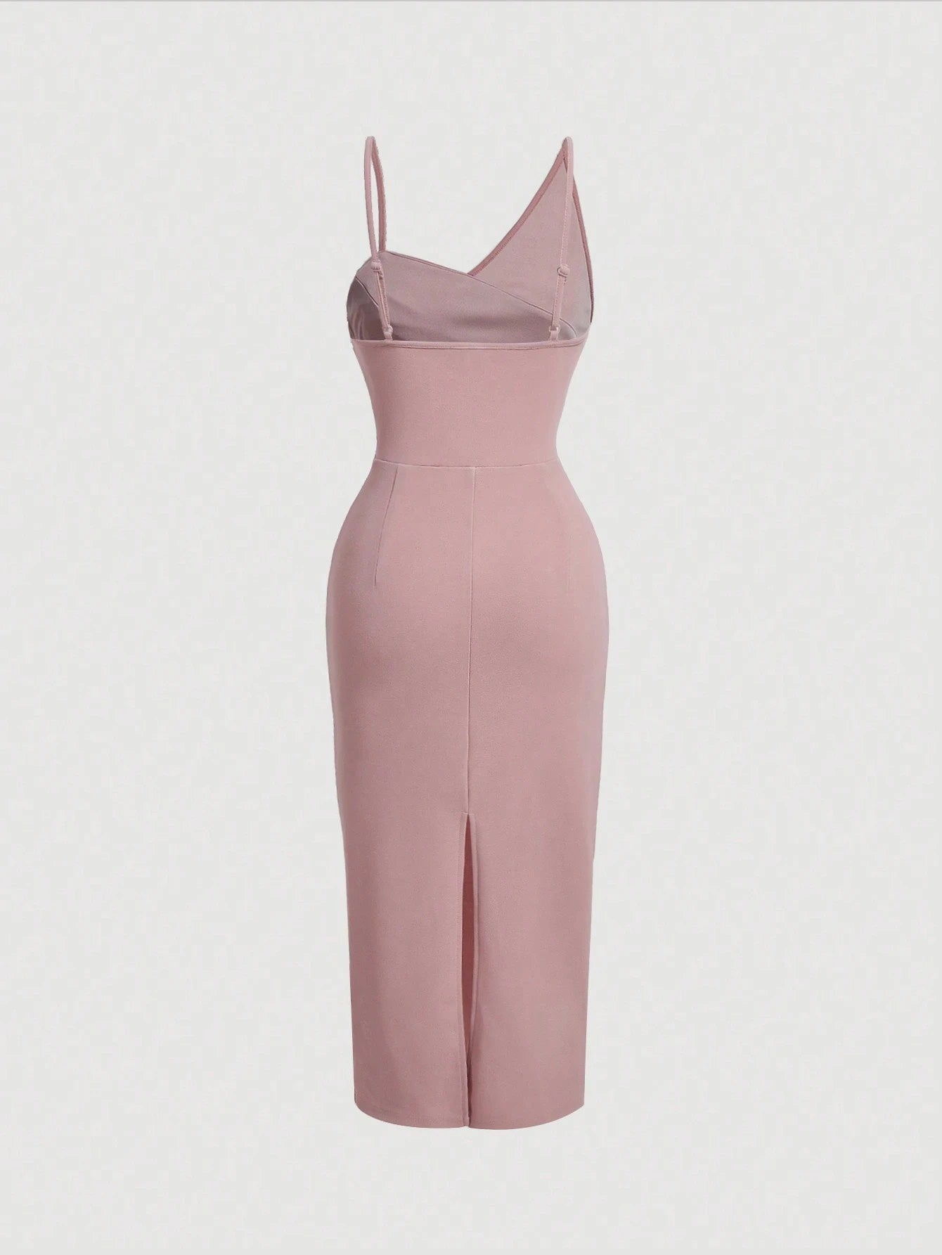 Fashzeo Pink asymmetrical pleated bodycon midi dress with ruched detail and thin straps for women party wear1