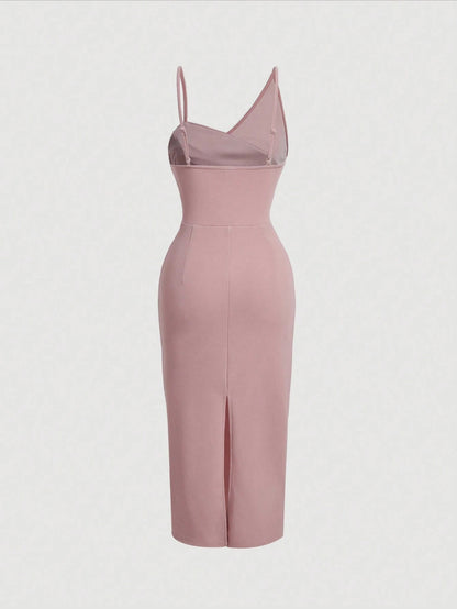 Fashzeo Pink asymmetrical pleated bodycon midi dress with ruched detail and thin straps for women party wear1