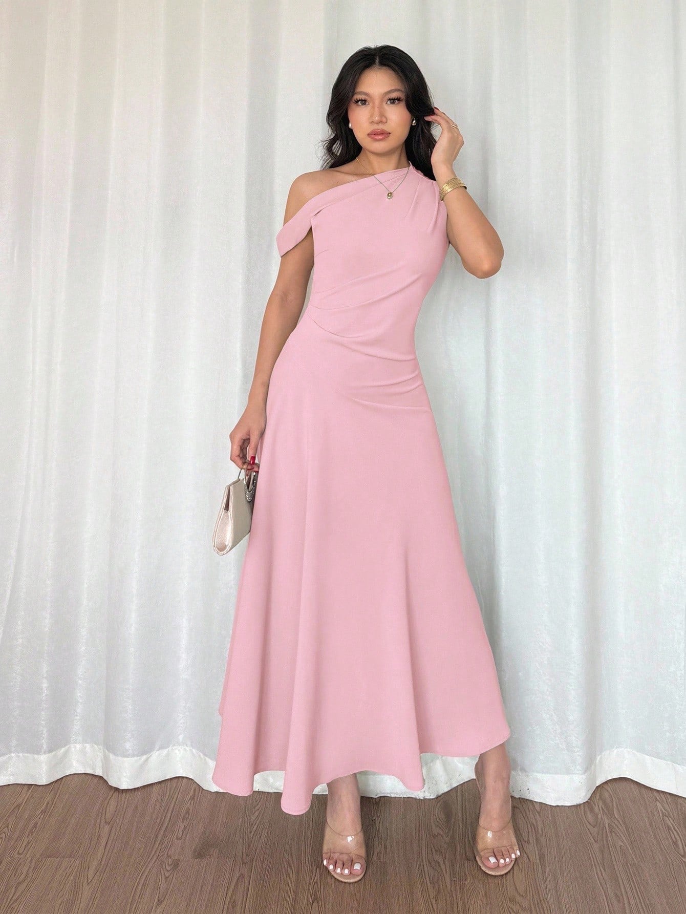 Fashzeo Pink one-shoulder fit and flare dress with dramatic ruffle detail for summer vacations and graduation ceremonies