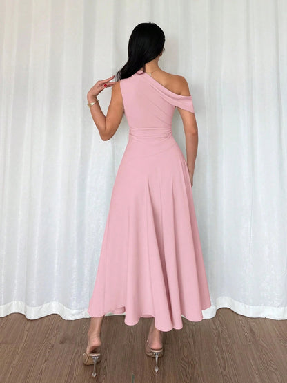 Fashzeo Pink one-shoulder fit and flare dress with dramatic ruffle detail for summer vacations and graduation ceremonies1