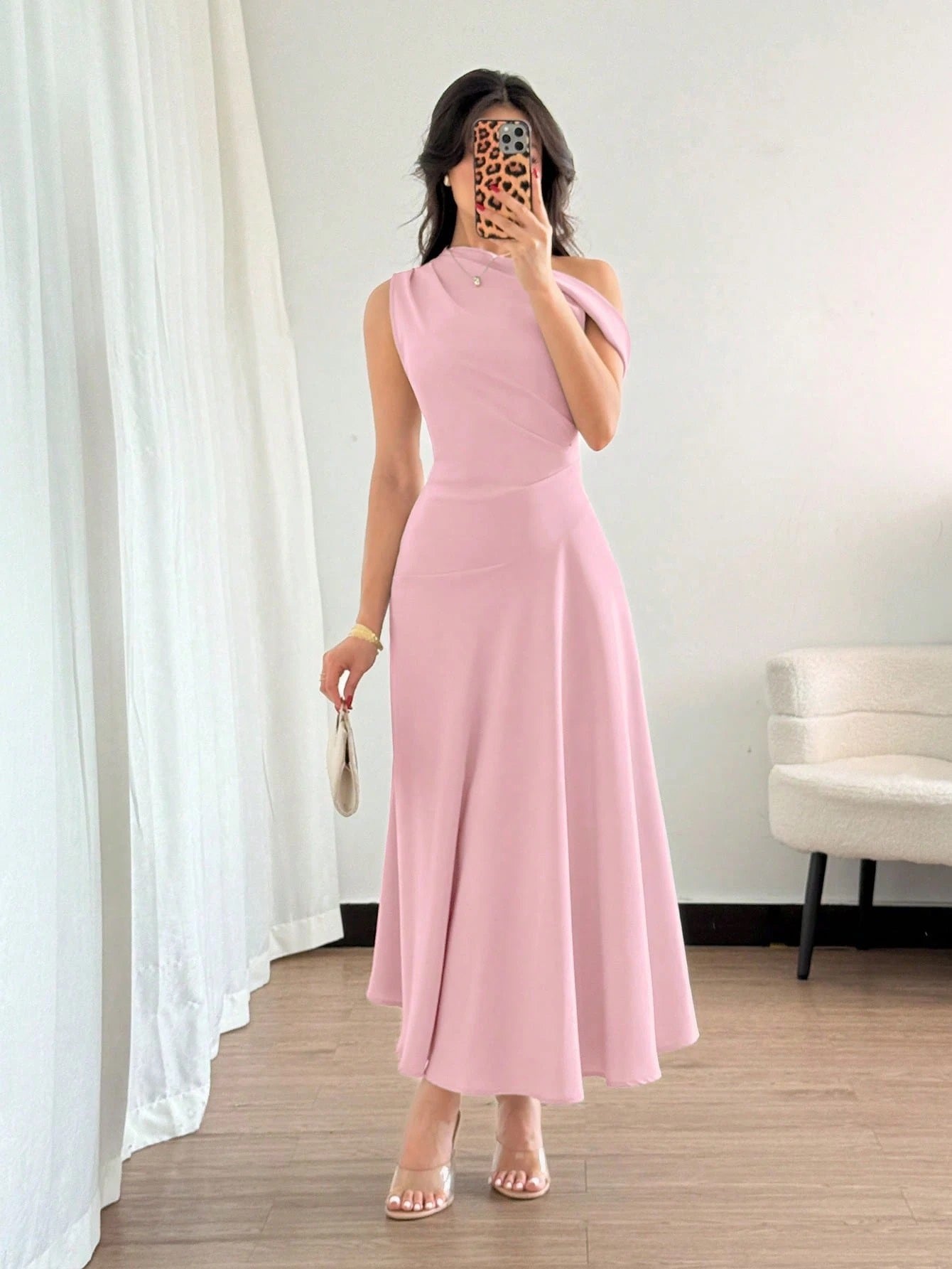 Fashzeo Pink one-shoulder fit and flare dress with dramatic ruffle detail for summer vacations and graduation ceremonies3