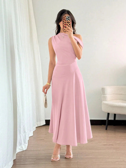 Fashzeo Pink one-shoulder fit and flare dress with dramatic ruffle detail for summer vacations and graduation ceremonies3