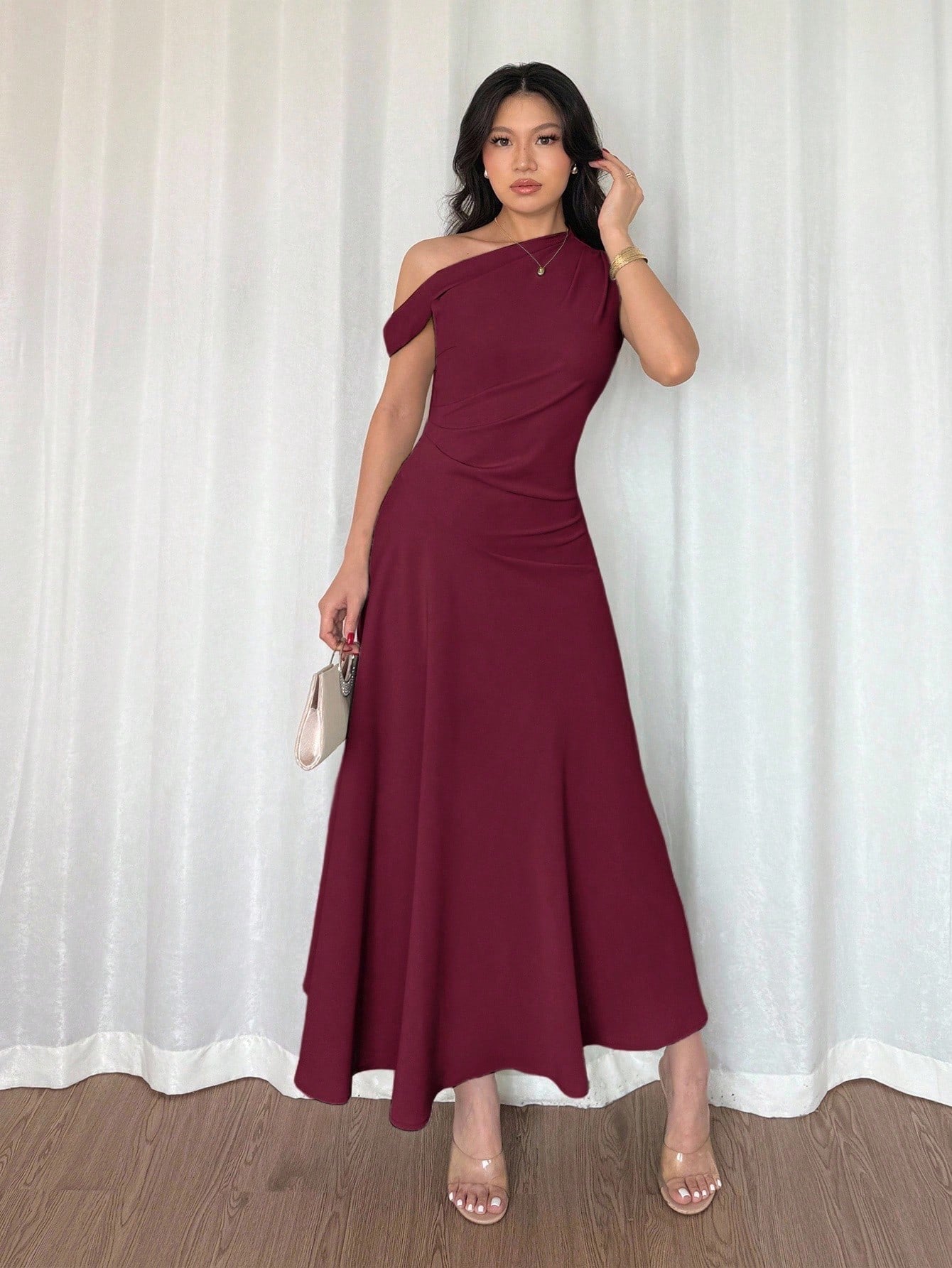 Fashzeo Red Violet one-shoulder fit and flare dress with dramatic ruffle detail for summer vacations and graduation ceremonies