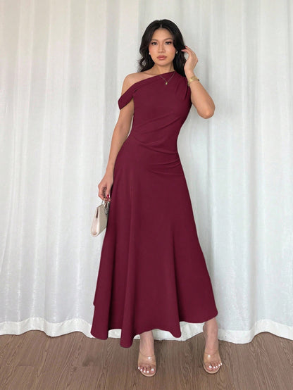 Fashzeo Red Violet one-shoulder fit and flare dress with dramatic ruffle detail for summer vacations and graduation ceremonies
