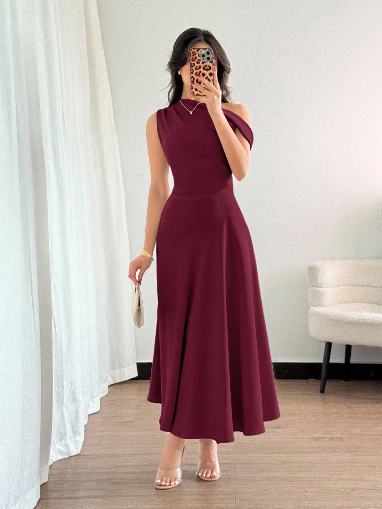 Fashzeo Red Violet one-shoulder fit and flare dress with dramatic ruffle detail for summer vacations and graduation ceremonies2