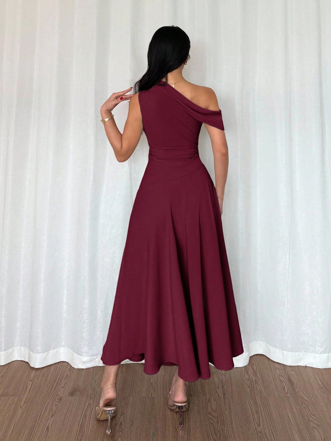 Fashzeo Red Violet one-shoulder fit and flare dress with dramatic ruffle detail for summer vacations and graduation ceremonies3
