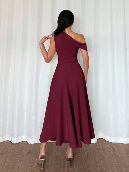 Fashzeo Red Violet one-shoulder fit and flare dress with dramatic ruffle detail for summer vacations and graduation ceremonies3