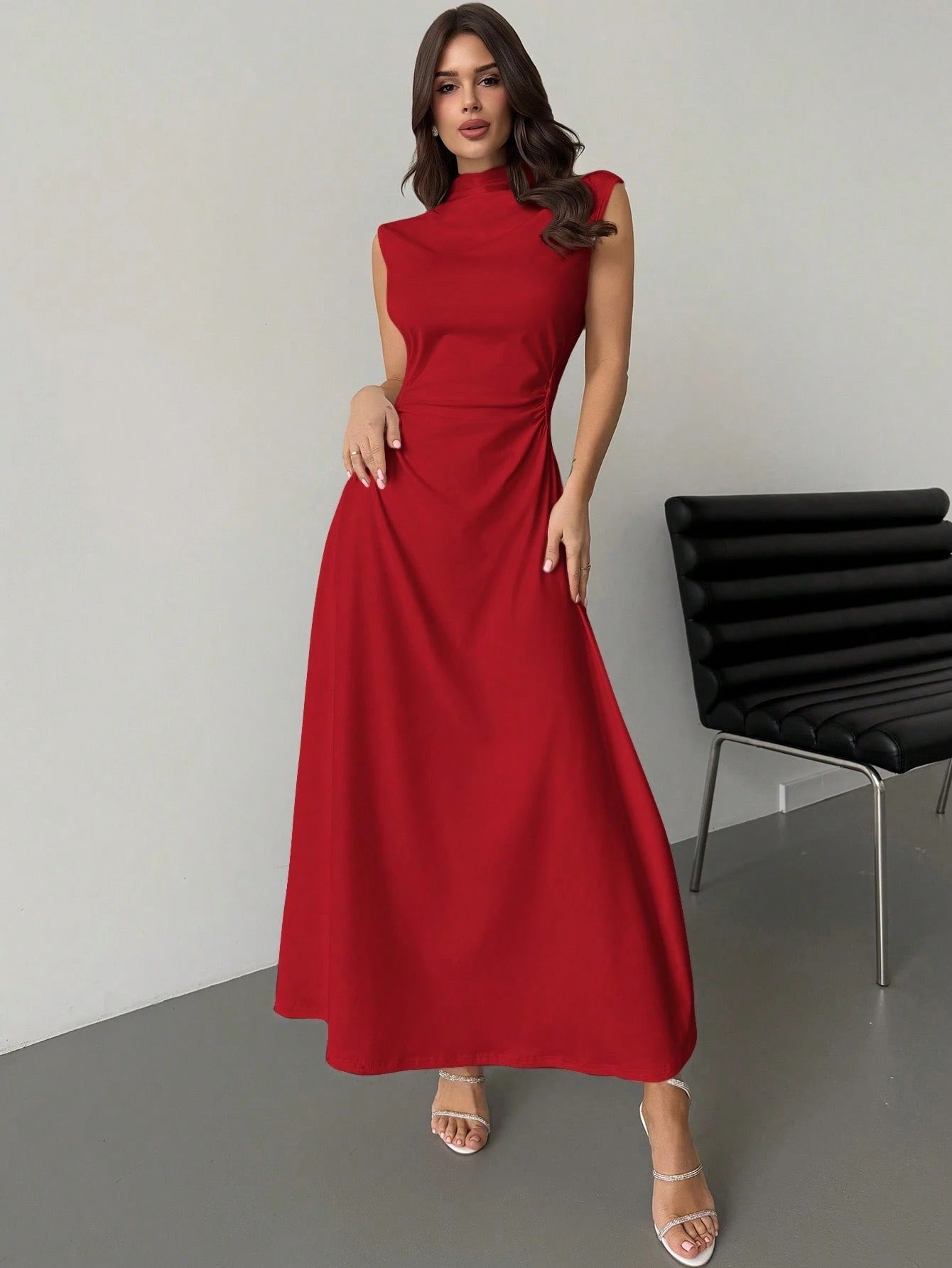 Fashzeo Red high neck sleeveless long dress featuring a cinched ruched waist for an elegant and modest romantic aesthetic.