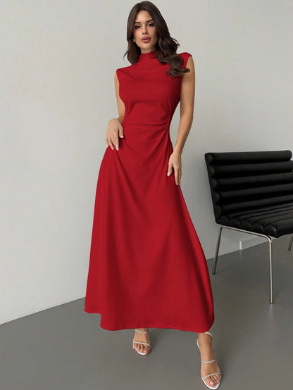 Fashzeo Red high neck sleeveless long dress featuring a cinched ruched waist for an elegant and modest romantic aesthetic.