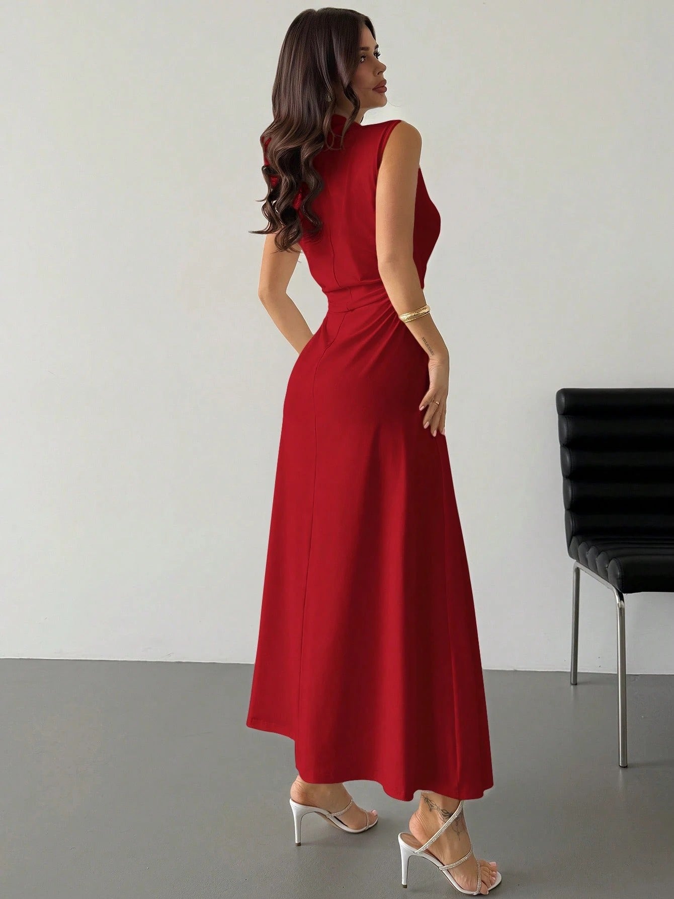 Fashzeo Red high neck sleeveless long dress featuring a cinched ruched waist for an elegant and modest romantic aesthetic.1