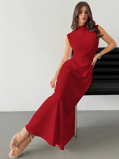 Fashzeo Red high neck sleeveless long dress featuring a cinched ruched waist for an elegant and modest romantic aesthetic.2