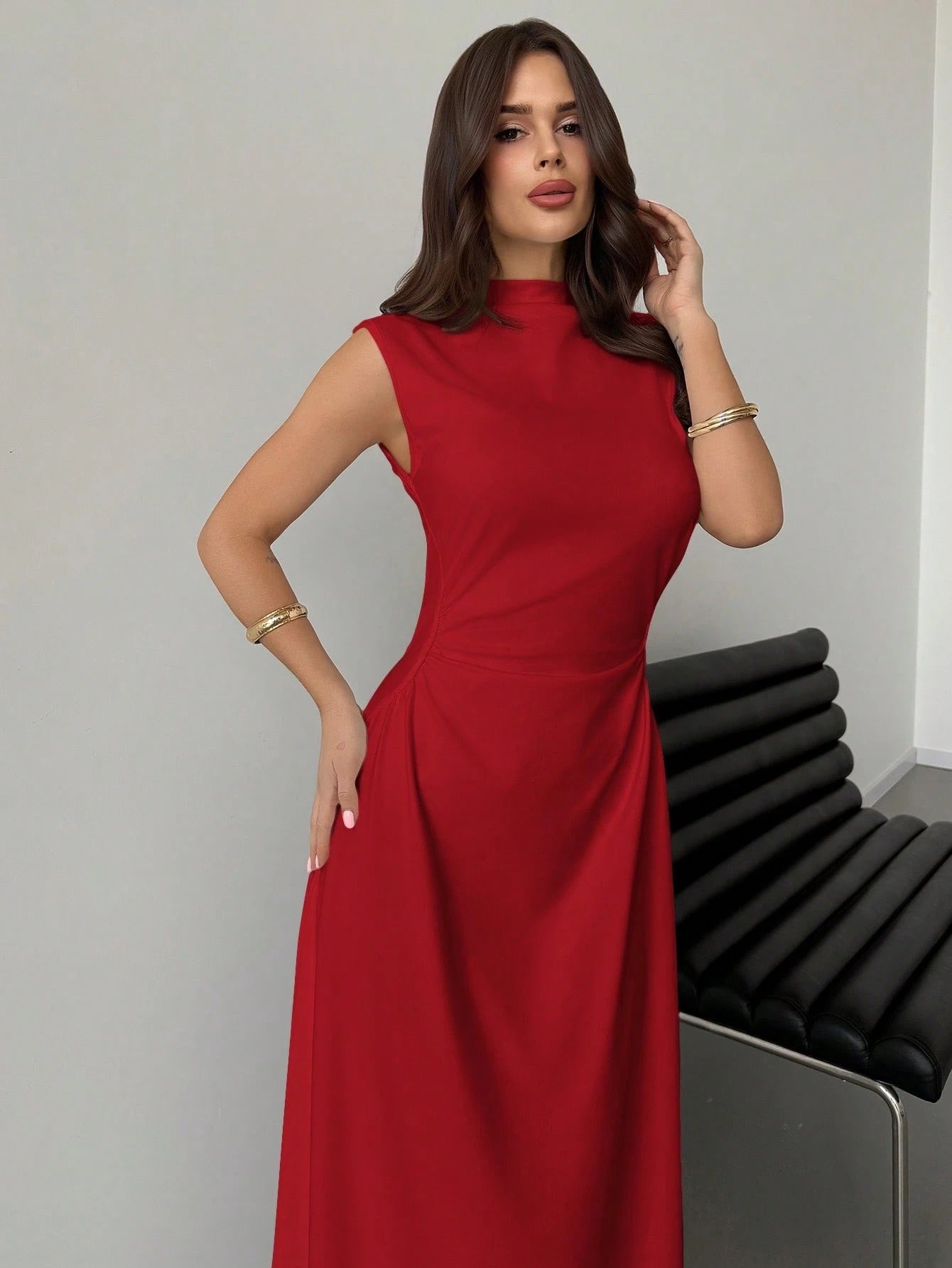Fashzeo Red high neck sleeveless long dress featuring a cinched ruched waist for an elegant and modest romantic aesthetic.3
