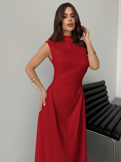 Fashzeo Red high neck sleeveless long dress featuring a cinched ruched waist for an elegant and modest romantic aesthetic.3