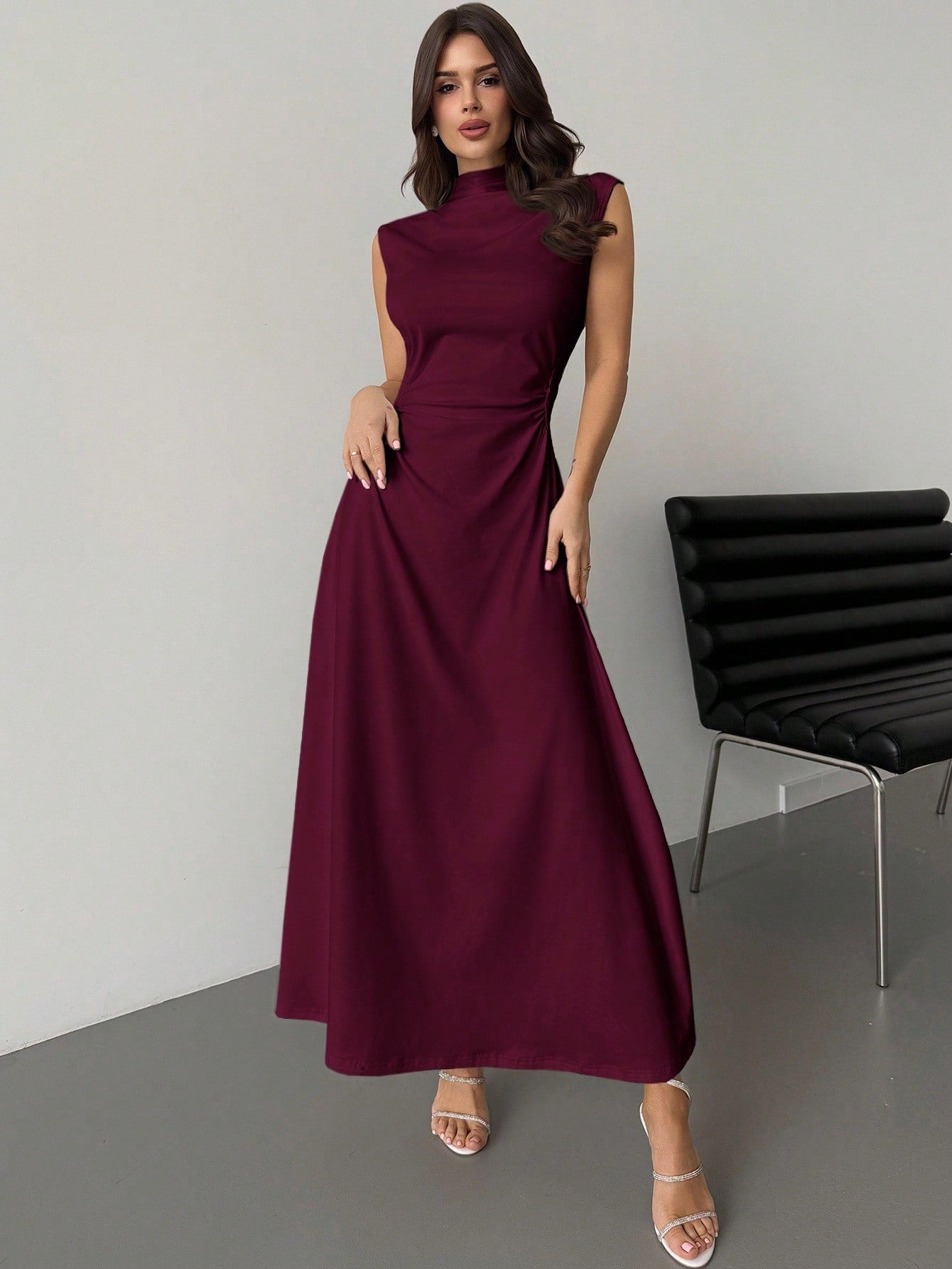 Fashzeo Red violet high neck sleeveless long dress featuring a cinched ruched waist for an elegant and modest romantic aesthetic.