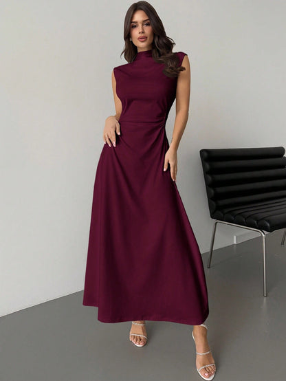 Fashzeo Red violet high neck sleeveless long dress featuring a cinched ruched waist for an elegant and modest romantic aesthetic.