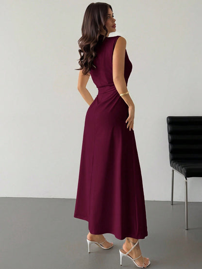 Fashzeo Red violet high neck sleeveless long dress featuring a cinched ruched waist for an elegant and modest romantic aesthetic.1