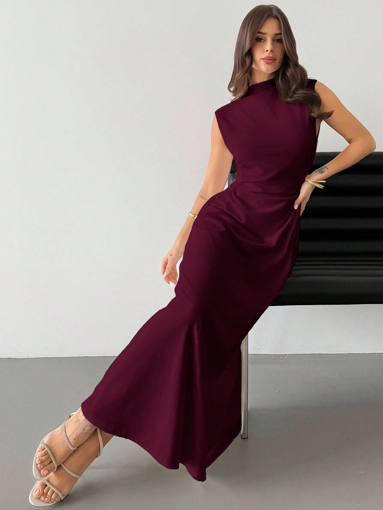 Fashzeo Red violet high neck sleeveless long dress featuring a cinched ruched waist for an elegant and modest romantic aesthetic.2