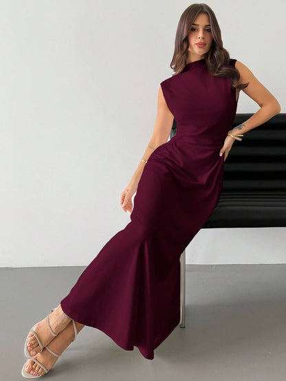 Fashzeo Red violet high neck sleeveless long dress featuring a cinched ruched waist for an elegant and modest romantic aesthetic.2
