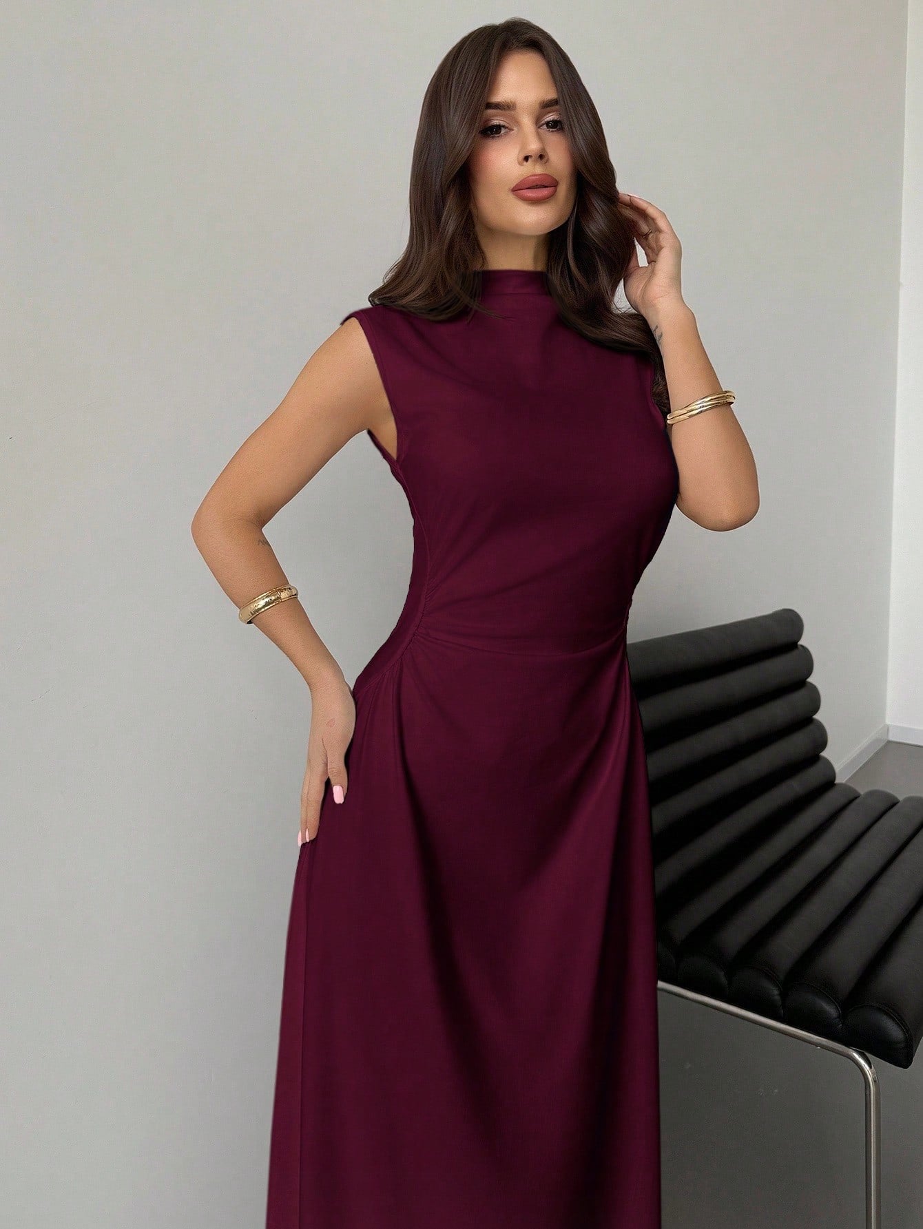 Fashzeo Red violet high neck sleeveless long dress featuring a cinched ruched waist for an elegant and modest romantic aesthetic.3