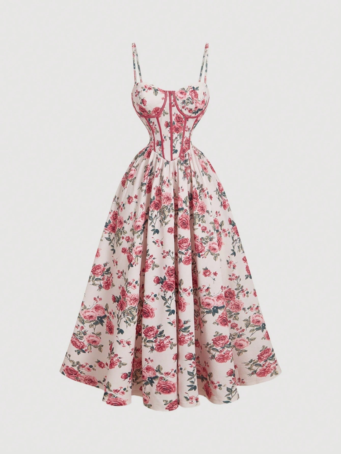 Fashzeo women's pink rose floral print midi dress featuring a structured corset bustier bodice with red contrast piping.
