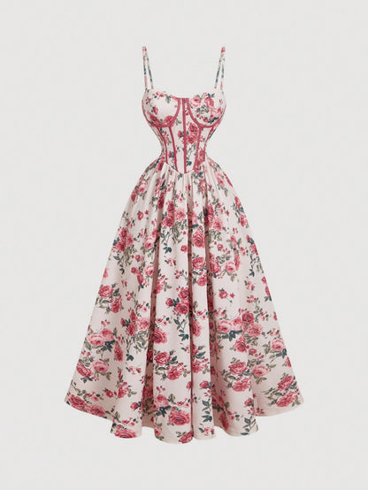 Fashzeo women's pink rose floral print midi dress featuring a structured corset bustier bodice with red contrast piping.
