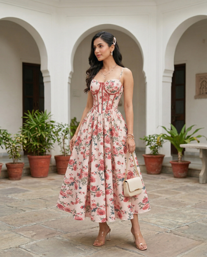 Fashzeo_Rose_Corset_Bustier_Midi_Dress