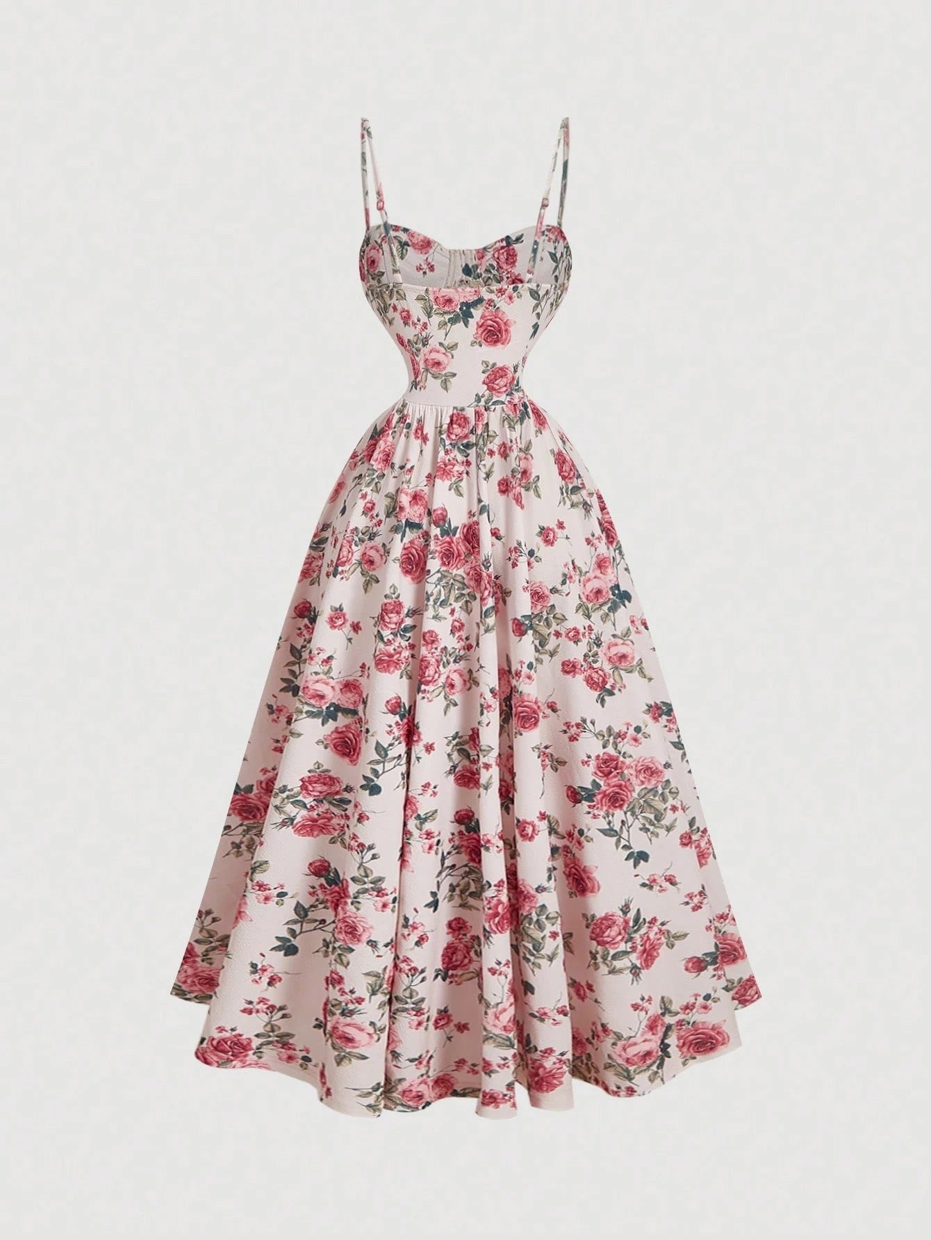 Fashzeo women's pink rose floral print midi dress featuring a structured corset bustier bodice with red contrast piping.