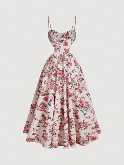 Fashzeo women's pink rose floral print midi dress featuring a structured corset bustier bodice with red contrast piping.