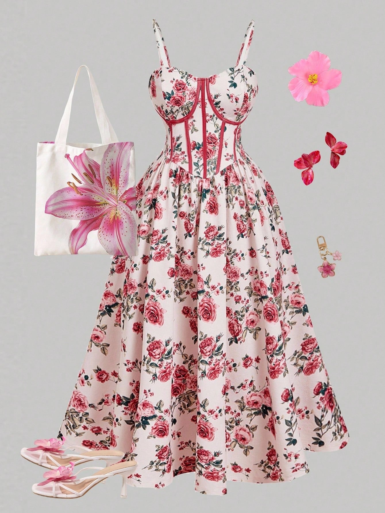 Fashzeo women's pink rose floral print midi dress featuring a structured corset bustier bodice with red contrast piping.