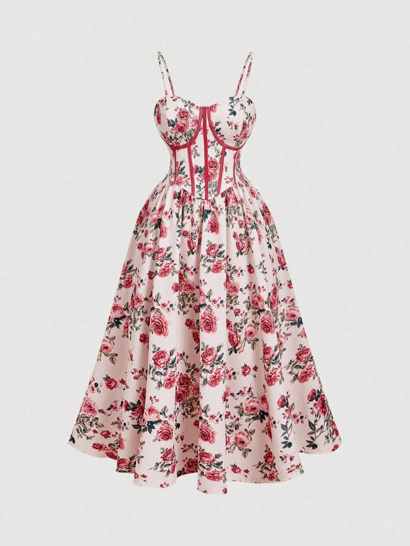 Fashzeo women's pink rose floral print midi dress featuring a structured corset bustier bodice with red contrast piping.