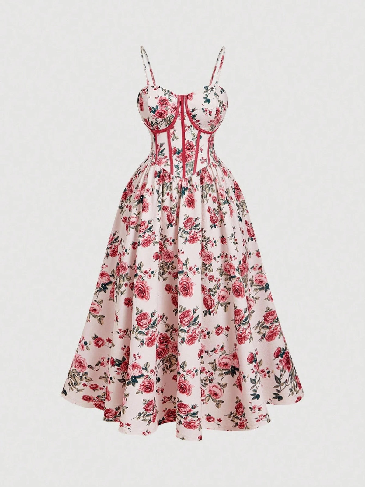 Fashzeo women's pink rose floral print midi dress featuring a structured corset bustier bodice with red contrast piping.