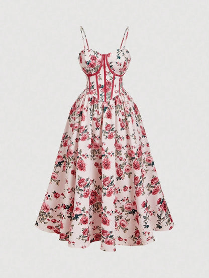 Fashzeo women's pink rose floral print midi dress featuring a structured corset bustier bodice with red contrast piping.