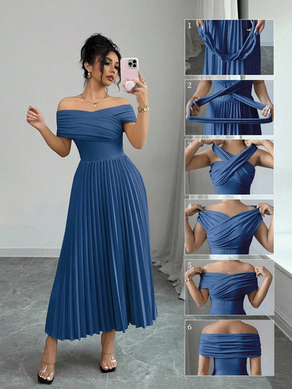 Fashzeo Teal blue off-shoulder pleated midi dress with a cinched waist and long sleeves for an elegant party wear look