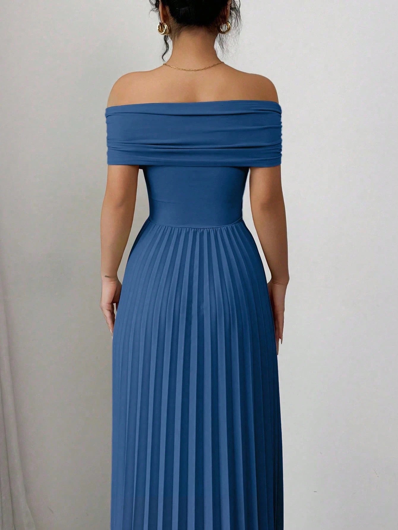 Fashzeo Teal blue off-shoulder pleated midi dress with a cinched waist and long sleeves for an elegant party wear look