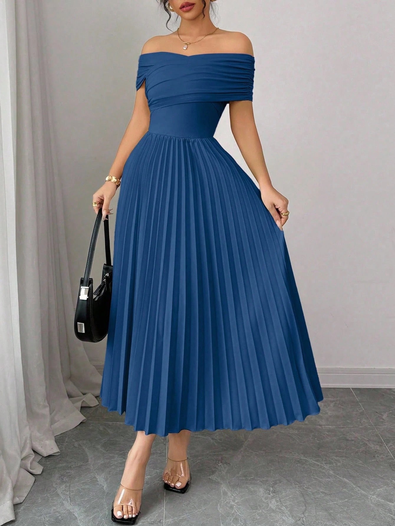Fashzeo Teal blue off-shoulder pleated midi dress with a cinched waist and long sleeves for an elegant party wear look