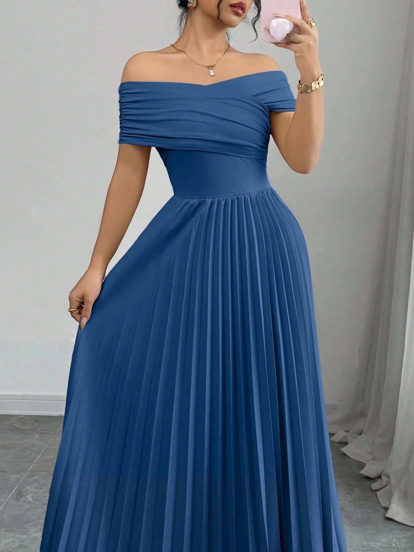 Fashzeo Teal blue off-shoulder pleated midi dress with a cinched waist and long sleeves for an elegant party wear look