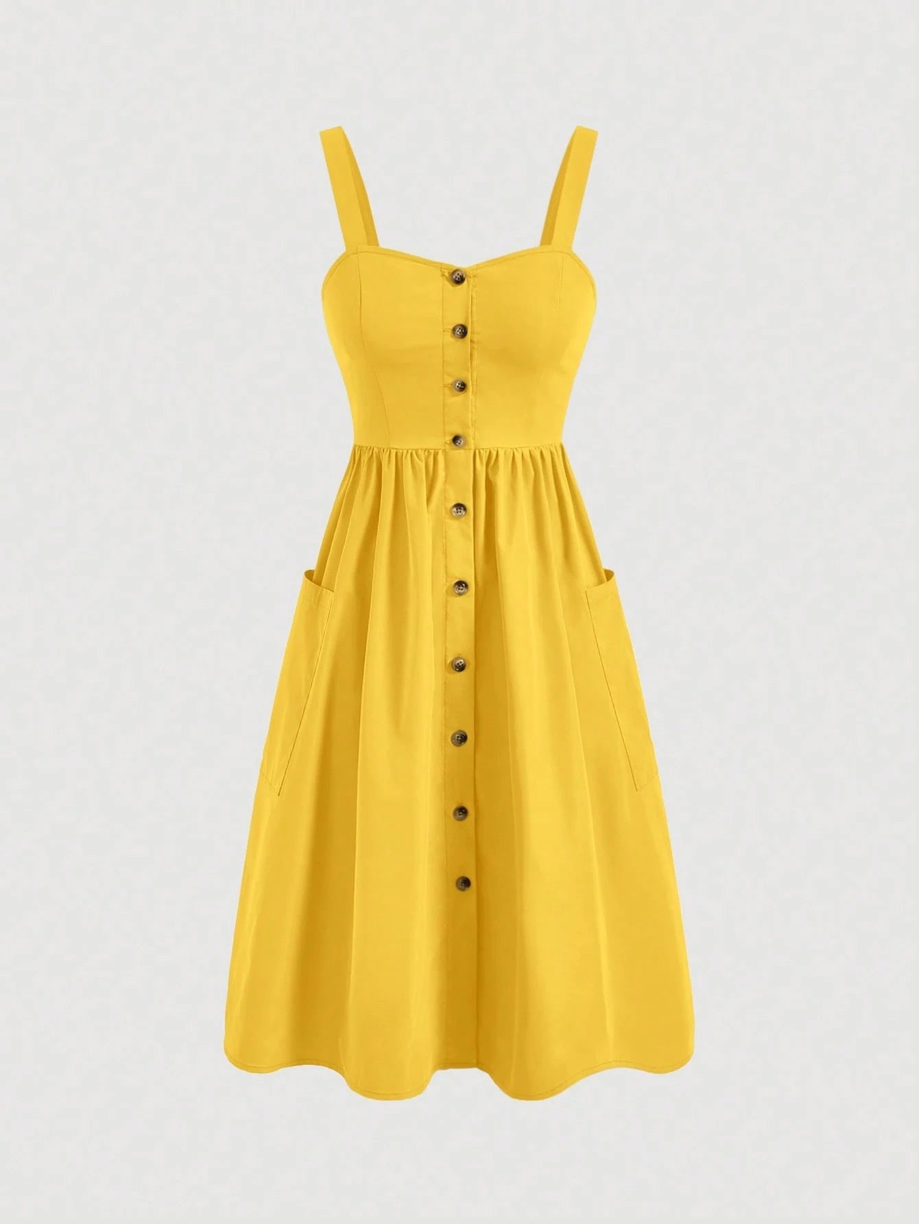 Fashzeo Yellow sleeveless button-front midi sundress with wide straps and functional side pockets for women summer fashion