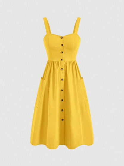 Fashzeo Yellow sleeveless button-front midi sundress with wide straps and functional side pockets for women summer fashion