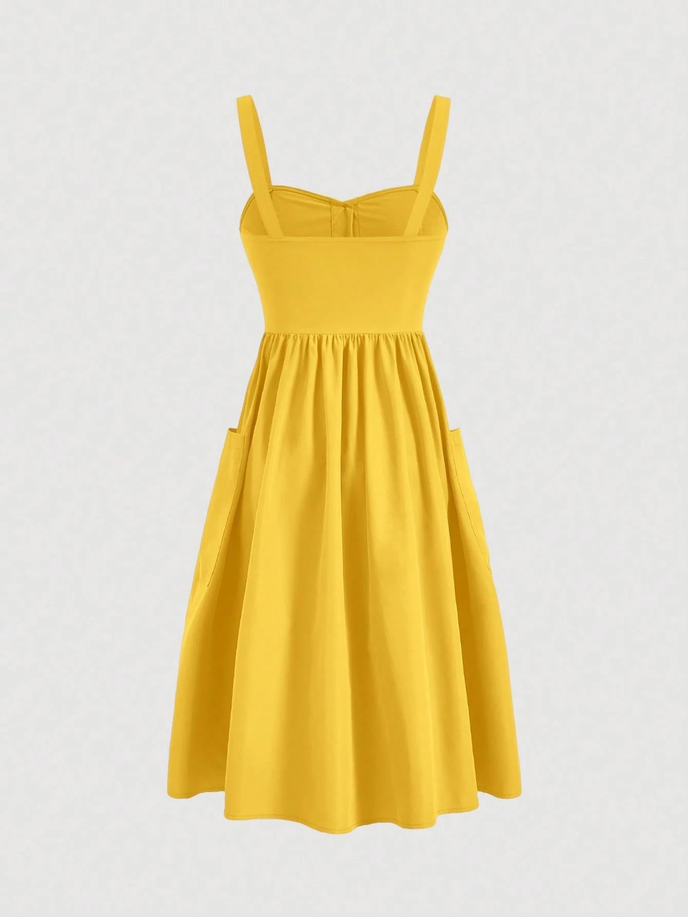 Fashzeo Yellow sleeveless button-front midi sundress with wide straps and functional side pockets for women summer fashion1