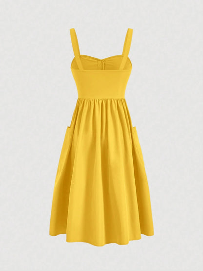 Fashzeo Yellow sleeveless button-front midi sundress with wide straps and functional side pockets for women summer fashion1