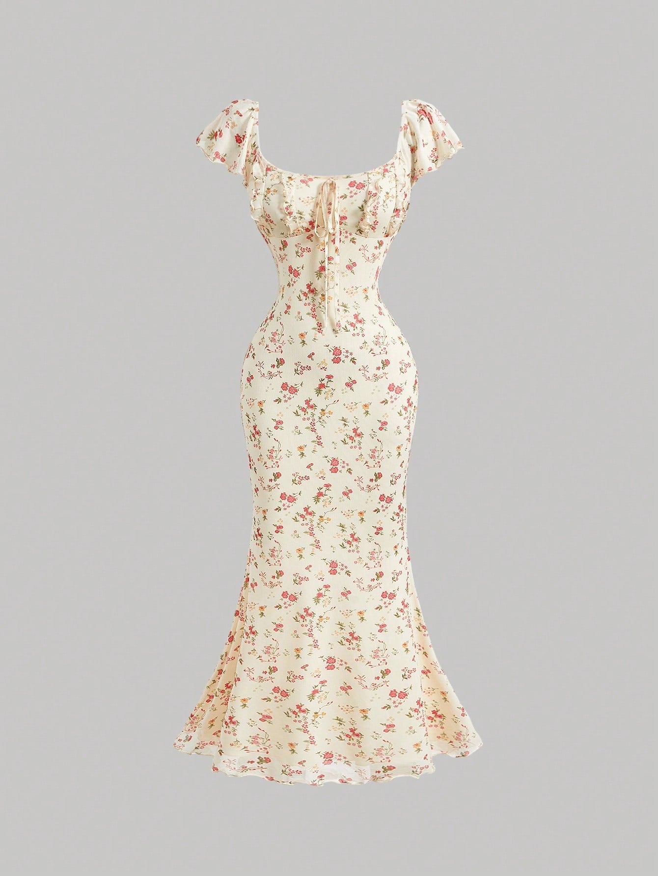Fashzeo apricot cream ditsy floral puff sleeve long dress with a flared mermaid hem for a romantic cottagecore garden wedding aesthetic.