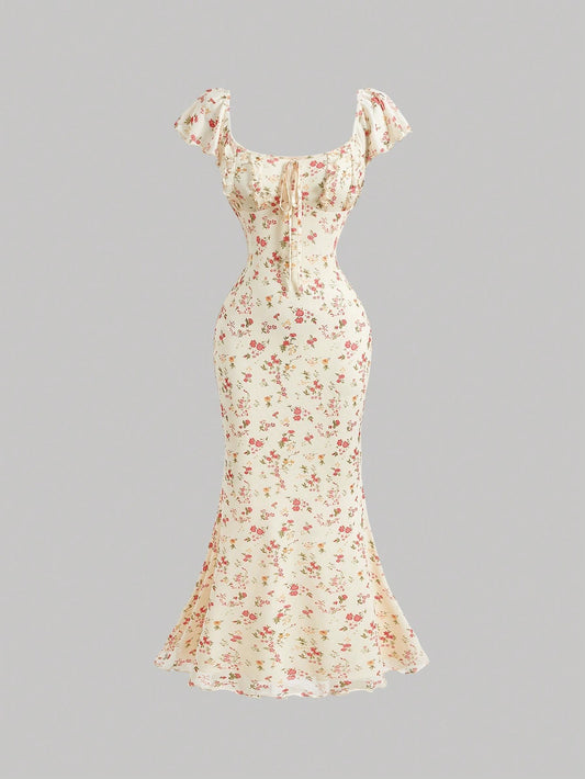 Fashzeo apricot cream ditsy floral puff sleeve long dress with a flared mermaid hem for a romantic cottagecore garden wedding aesthetic.