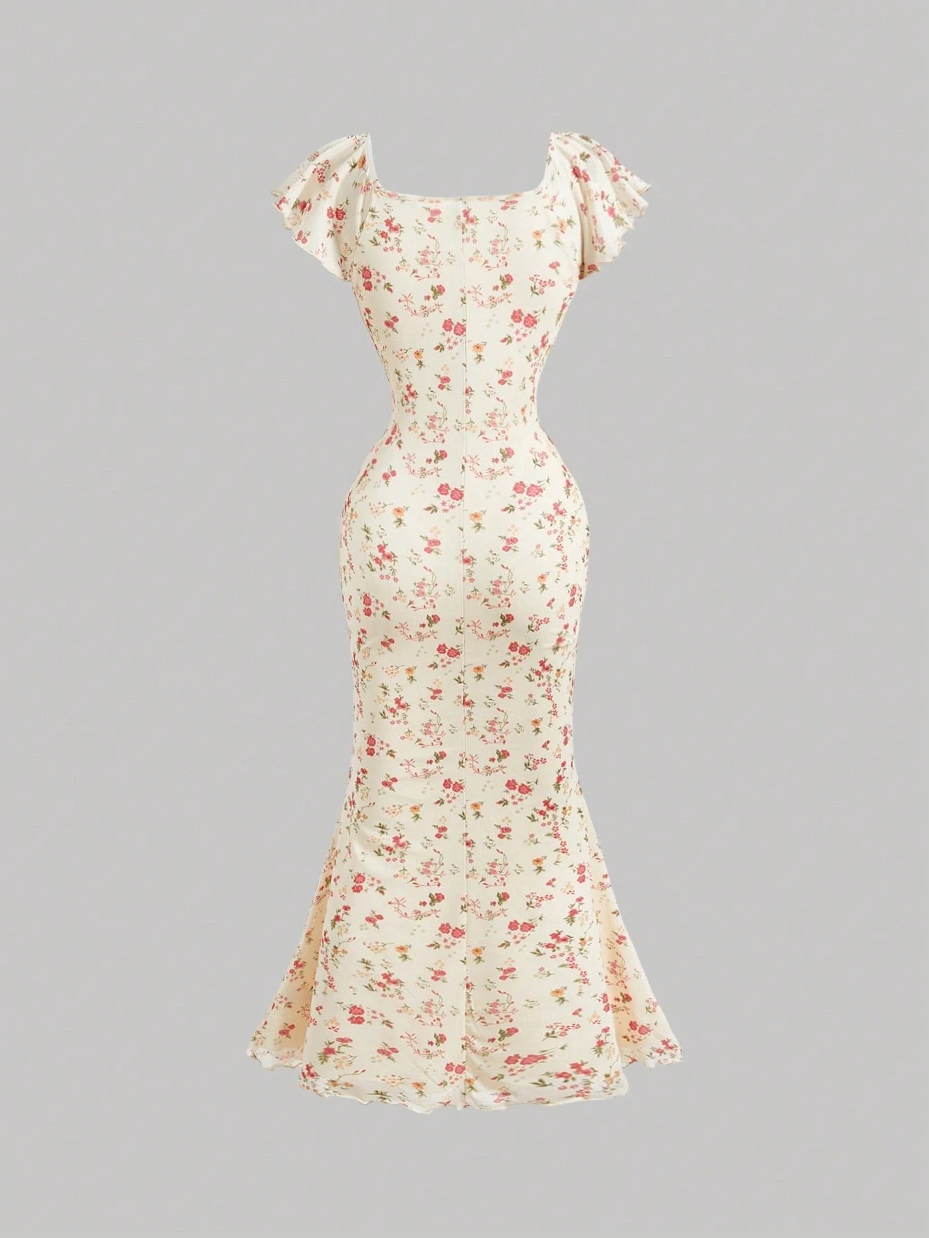 Fashzeo apricot cream ditsy floral puff sleeve long dress with a flared mermaid hem for a romantic cottagecore garden wedding aesthetic.1