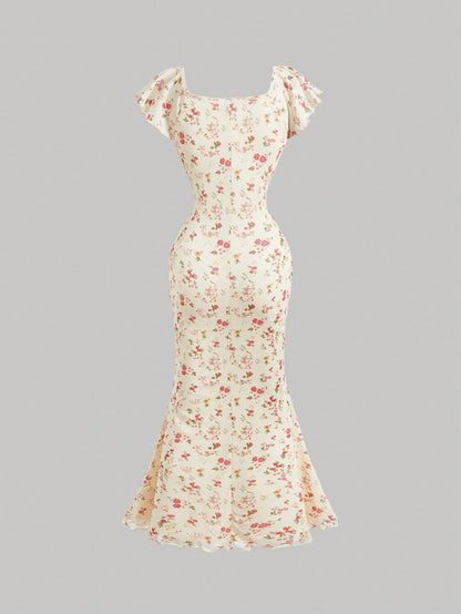 Fashzeo apricot cream ditsy floral puff sleeve long dress with a flared mermaid hem for a romantic cottagecore garden wedding aesthetic.1