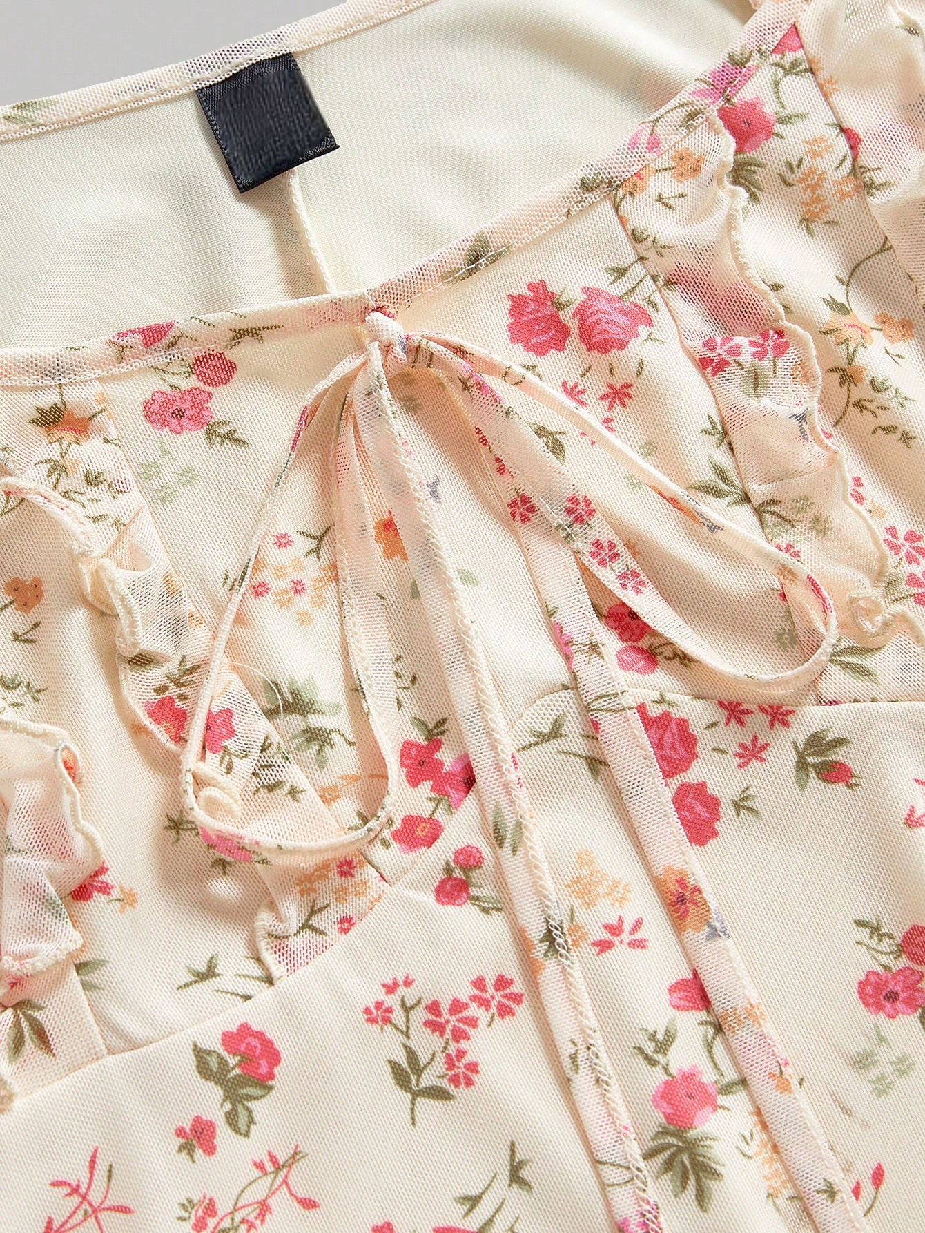 Fashzeo apricot cream ditsy floral puff sleeve long dress with a flared mermaid hem for a romantic cottagecore garden wedding aesthetic.2