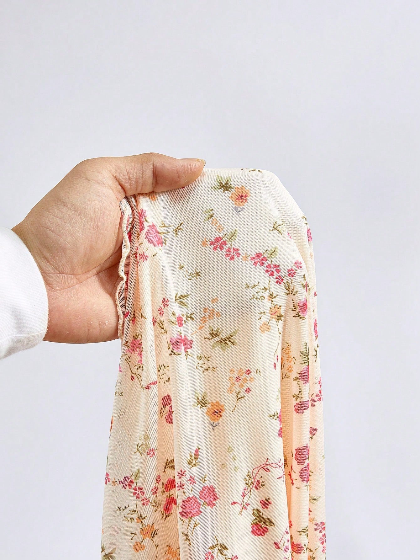 Fashzeo apricot cream ditsy floral puff sleeve long dress with a flared mermaid hem for a romantic cottagecore garden wedding aesthetic.4
