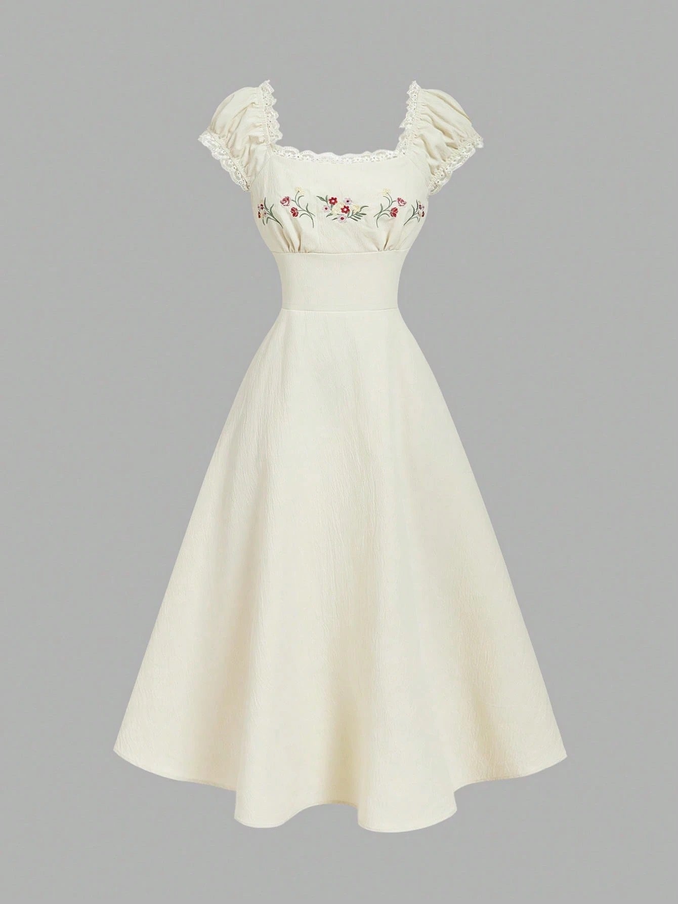 Fashzeo apricot embroidered midi dress with contrast lace square neck and puff shell sleeves