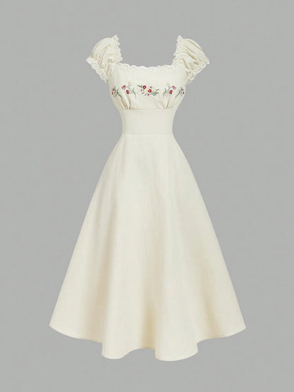 Fashzeo apricot embroidered midi dress with contrast lace square neck and puff shell sleeves