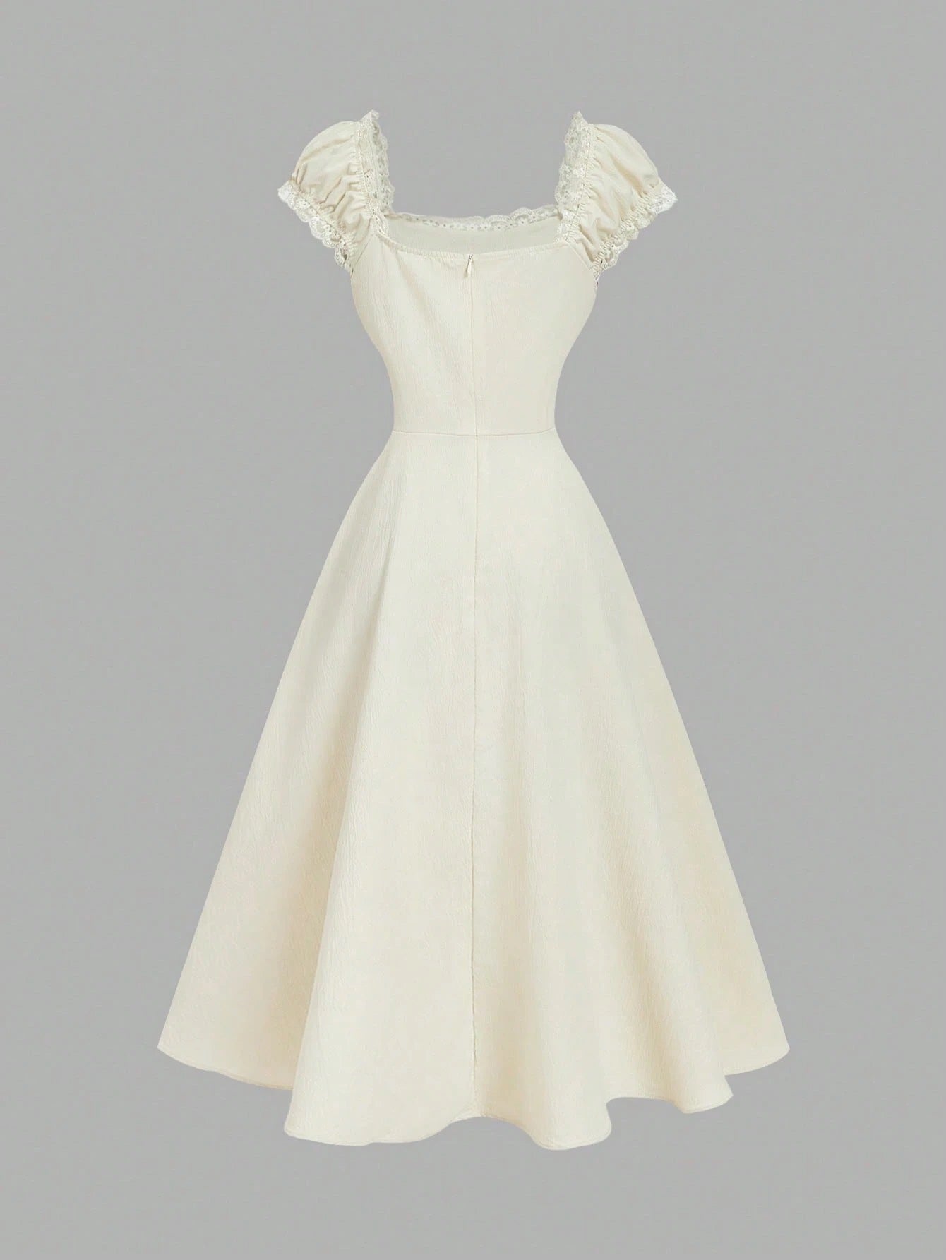 Fashzeo apricot embroidered midi dress with contrast lace square neck and puff shell sleeves1